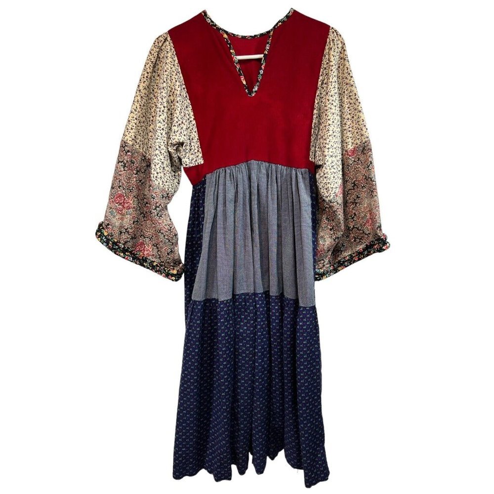 Vtg Handmade  Boho Cottagecore Prairie Midi Dress Multi Print Hippie 80s XS/S
